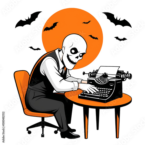 Spooky Edgar Allan Poe Skeleton Ghost Typing on Typewriter at Halloween Party Night with Abandoned House Bats Moon Fog Horror Cartoon Illustration Orange Black Sticker Style Decoration
