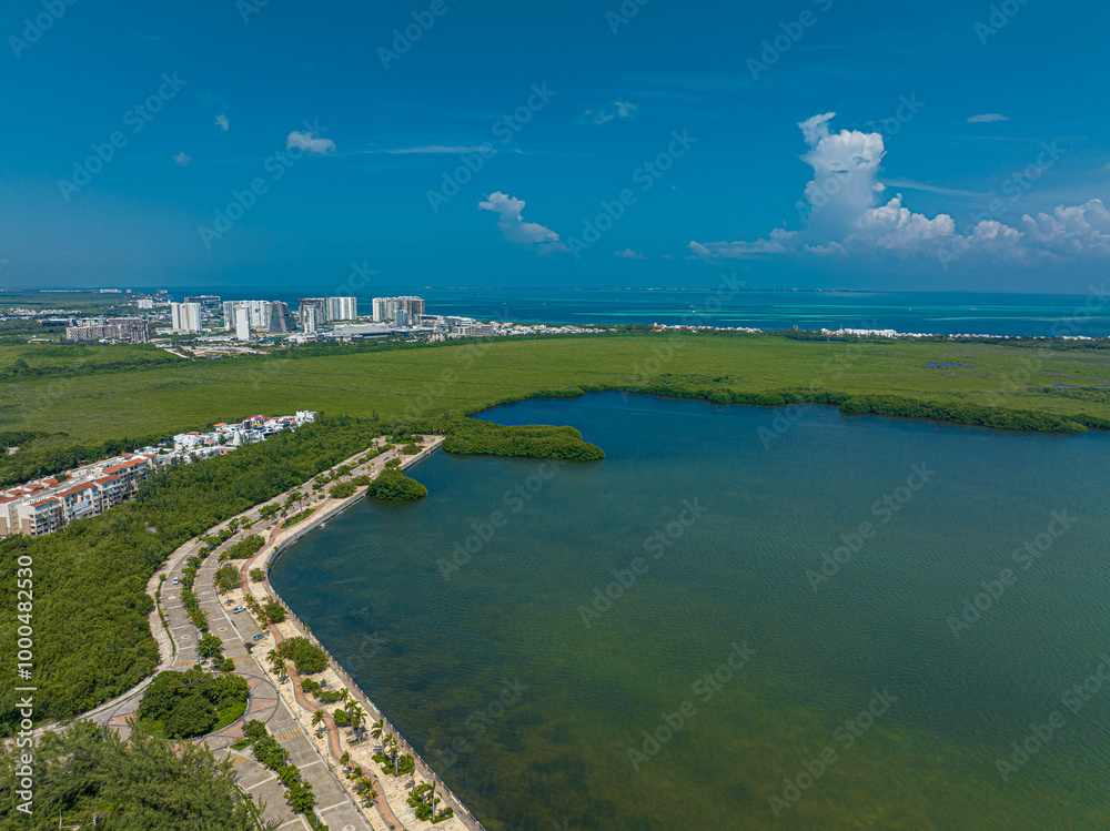 Fototapeta premium Aerial Drone View of Malecón Tajamar in Cancun, Mexico