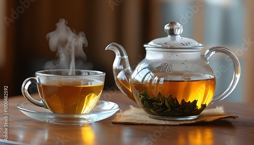 Serene tea time setting with a delicate teapot and cup on a rustic wooden table