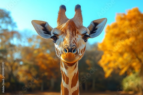 Close-up of a giraffe with a vibrant autumn background. photo