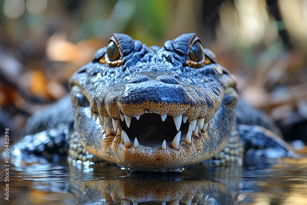 Obraz premium Close-up of a crocodile with its mouth open, showcasing sharp teeth in a natural habitat.
