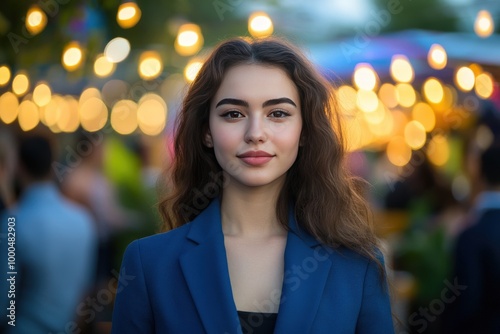 A woman in a blue jacket stands in front of a group of people, generative ai image