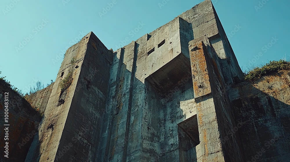 A captivating low-angle wide shot capturing the exploration of ancient industrial sites resembling megalithic concrete forms on a remote island. The image showcases the impressive scale and unique A captivating low-angle wide shot capturing the exploration of ancient industrial sites resembling megalithic concrete forms on a remote island. The image showcases the impressive scale and unique