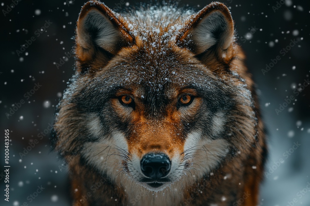 Close-up of a majestic wolf in a snowy forest, its piercing eyes conveying strength and focus. Close-up of a majestic wolf in a snowy forest, its piercing eyes conveying strength and focus.