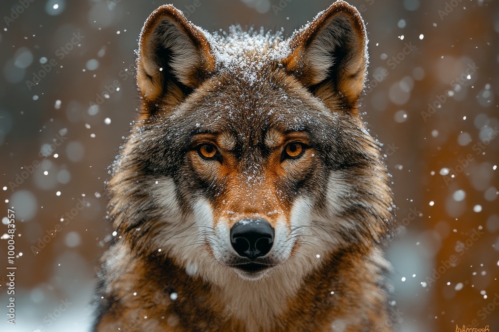 Close-up of a majestic wolf with snowflakes on its fur, staring intently through a snowy forest background. Close-up of a majestic wolf with snowflakes on its fur, staring intently through a snowy forest background.