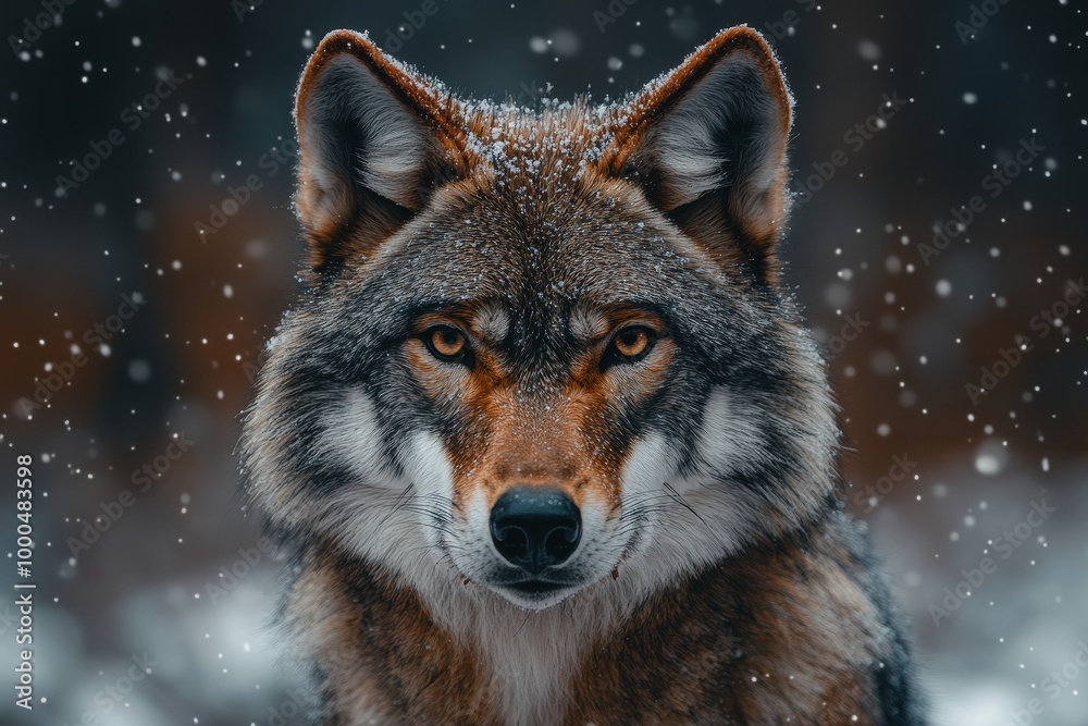 Majestic wolf standing in a snowy forest with a focused gaze.