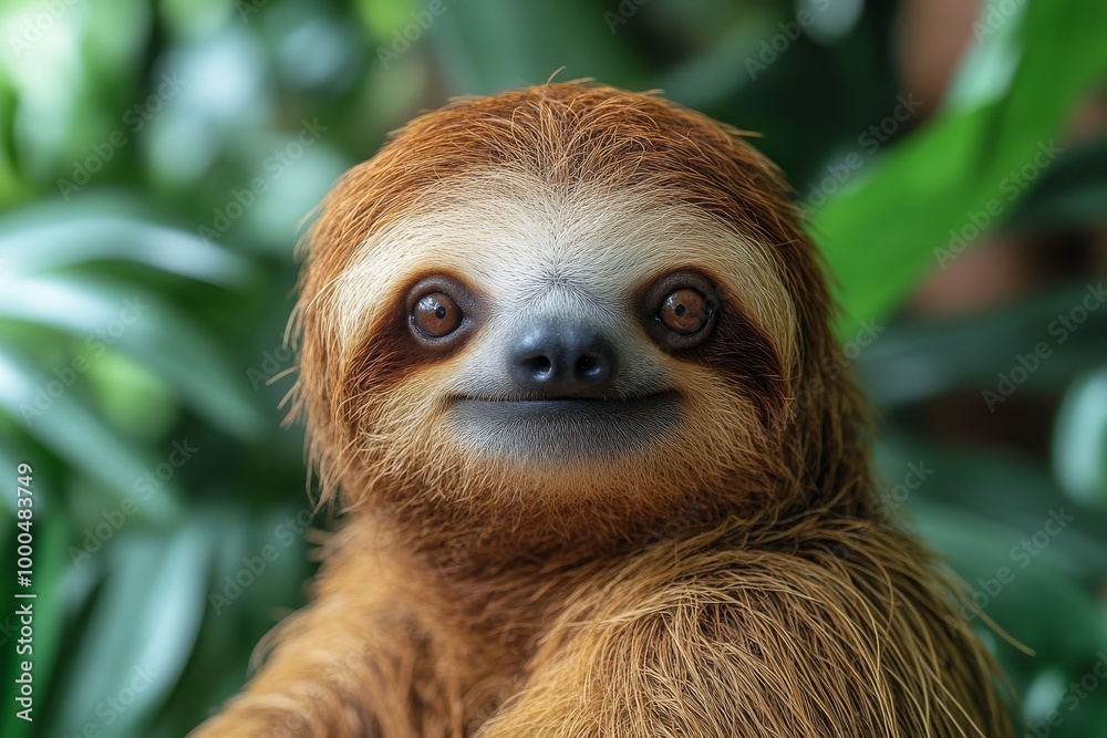 Fototapeta premium Close-up portrait of a three-toed sloth with a gentle expression, surrounded by lush green foliage.