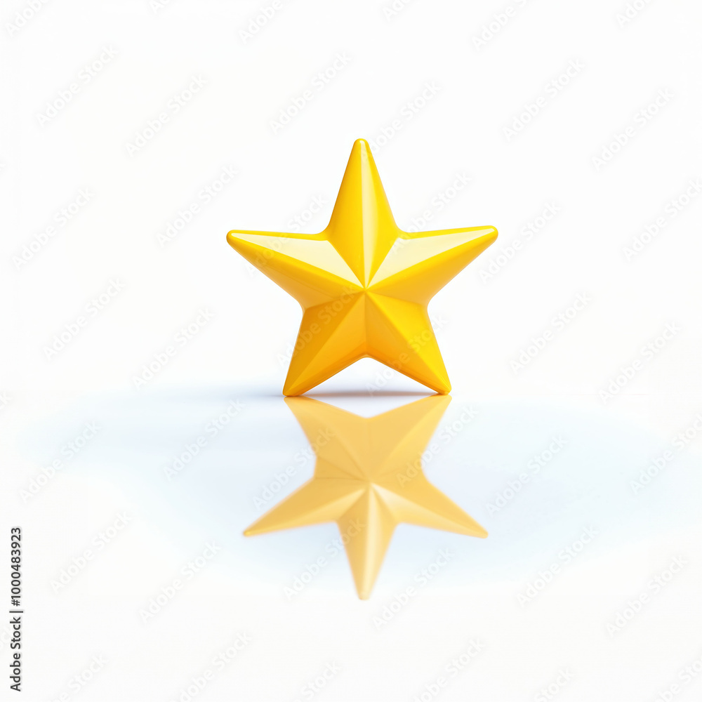 Obraz premium Estrela sobre fundo reflexivo. Uma estrela 3d amarela de plástico com reflexo em fundo branco