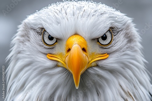 Close-up portrait of a majestic bald eagle with piercing eyes and water droplets on its feathers.