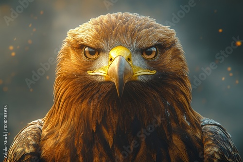 Close-up of a fierce and majestic eagle with intense gaze under a dramatic sky. photo