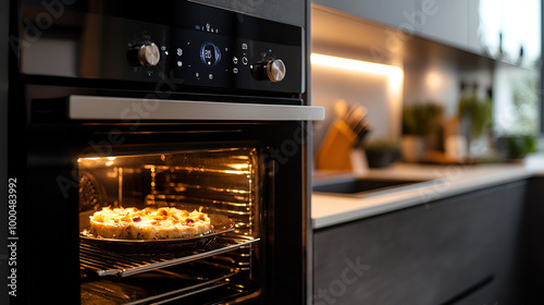 Illustration of beautiful stainless steel oven with dish being prepared