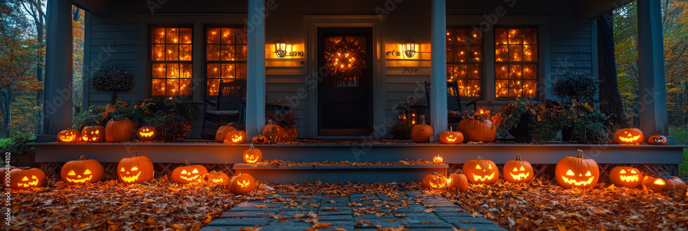 Lit pumpkins on a porch for Halloween Lit pumpkins on a porch for Halloween