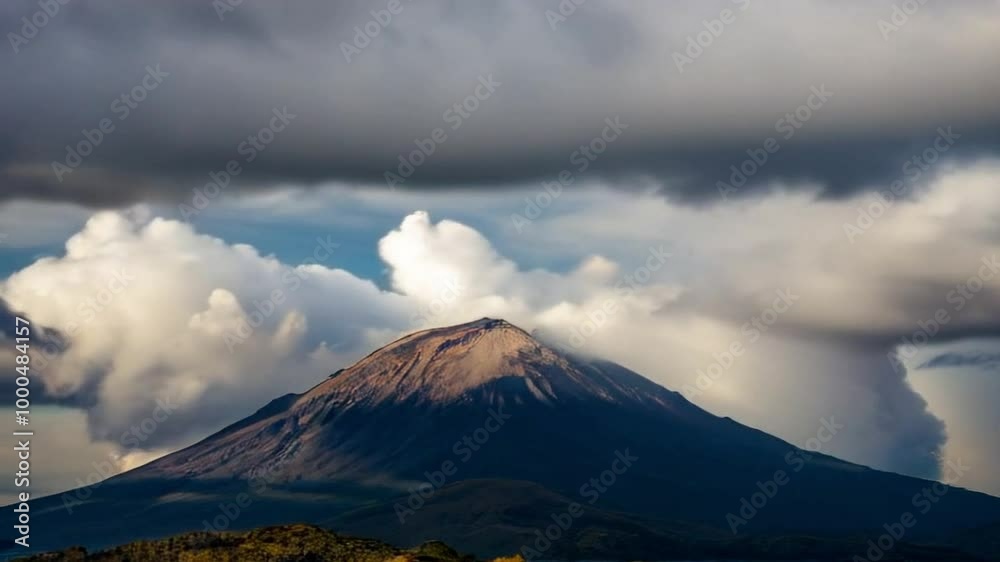 Wide Shot Zoom-In of Volcanic Mountain and Clouds in Time-Lapse or Zoom-In Effect on Clouds and Volcanic Mountain from Wide Shot or Distant to Close-Up View of Volcanic Mountain and Clouds in Time-Lap Wide Shot Zoom-In of Volcanic Mountain and Clouds in Time-Lapse or Zoom-In Effect on Clouds and Volcanic Mountain from Wide Shot or Distant to Close-Up View of Volcanic Mountain and Clouds in Time-Lap