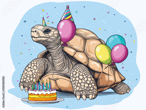 Adorable illustration of a tortoise celebrating a birthday, wearing a party hat and surrounded by balloons, cake, and festive confetti in a fun setting