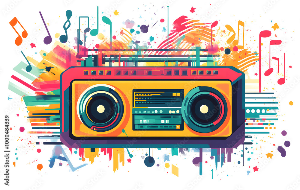 Obraz premium Colorful Retro Boombox with Musical Notes and Abstract Background