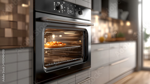 Illustration of beautiful stainless steel oven with dish being prepared