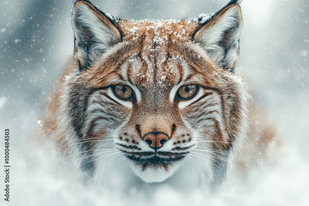 Obraz premium A majestic lynx with piercing eyes stands amid falling snow, highlighting its powerful presence in the winter wilderness.