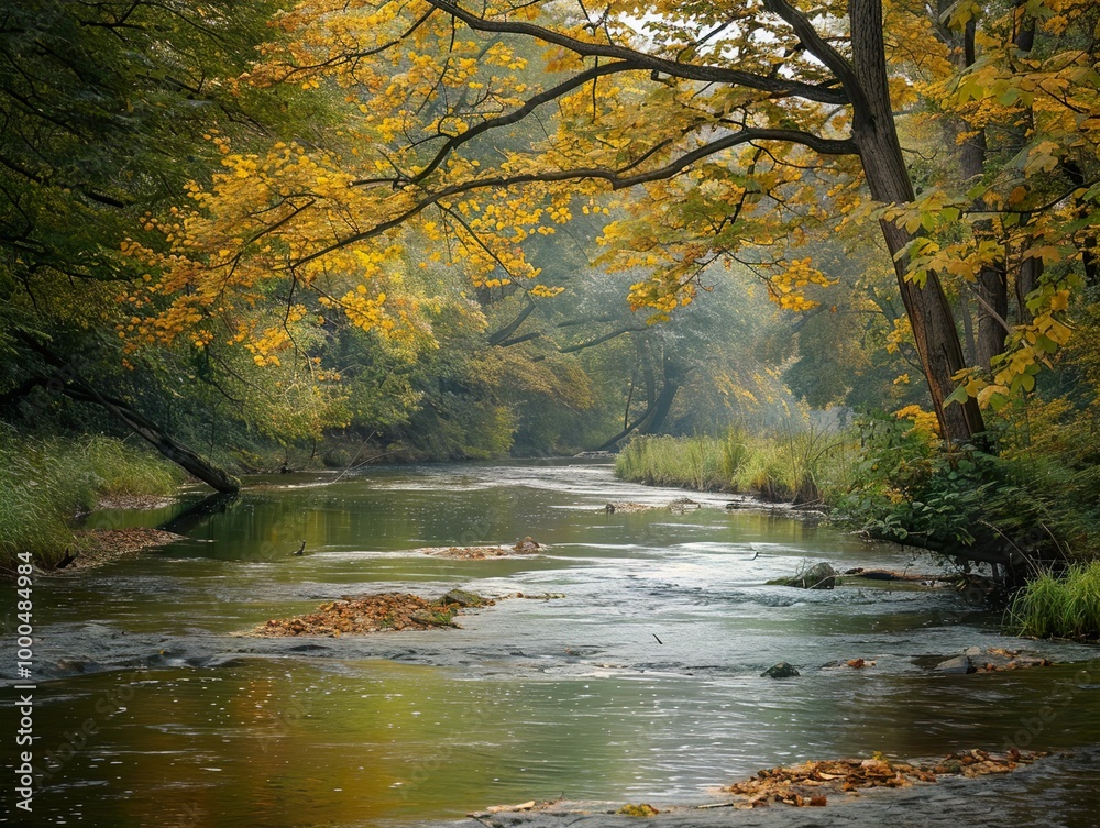 Serene Autumn River Flowing Through Forest Serene Autumn River Flowing Through Forest