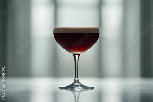 Martini glass filled with a dark red liquid placed against a soft gradient background evoking elegance and a calm atmosphere