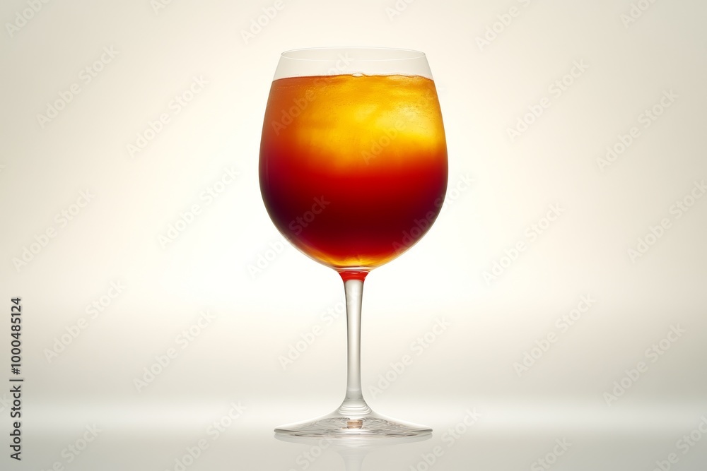 Round wine glass filled with a deep amber beverage set against a light cream background evoking richness and depth of flavor Round wine glass filled with a deep amber beverage set against a light cream background evoking richness and depth of flavor