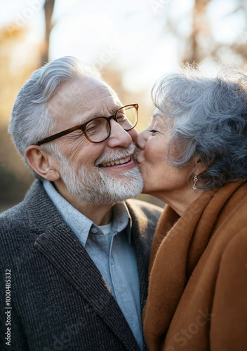 Una felice coppia di anziani si bacia e si abbraccia all'aperto. La donna sta dando un bacio sulla guancia al marito, concetto di amore.