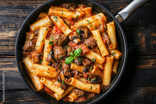 Padella con maccheroni e paccheri al sugo di polpette di carne, funghi in salsa di pomodoro e basilico, su un tavolo di legno scuro. Vista ravvicinata dall'alto.