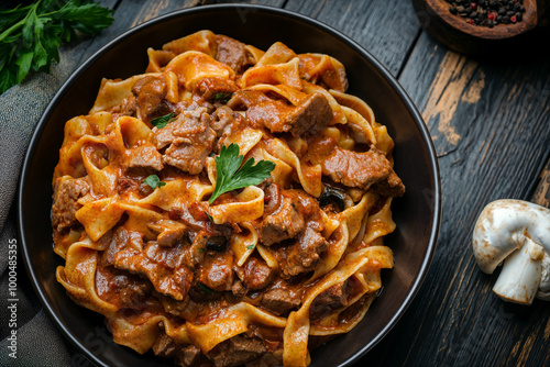 Piatto scuro di tagliatelle con sugo di carne, funghi in salsa di pomodoro e prezzemolo, su un tavolo di legno scuro con ingredienti e materie prime esterni al piatto. Vista ravvicinata dall'alto.