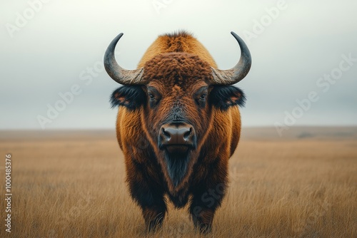 Majestic bison stands alone in a foggy prairie, showcasing its powerful build and commanding presence.