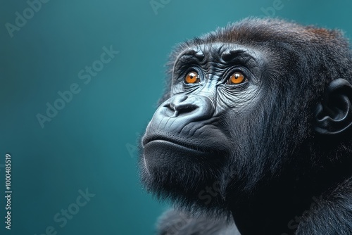 A close-up of a pensive gorilla against a teal background, focusing on the expressive eyes. photo