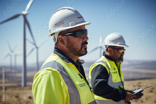 Wind power upkeep: skilled workers performing maintenance on wind turbine, stunning landscape in background, role of technicians in ensuring efficiency, reliability of renewable energy sources.