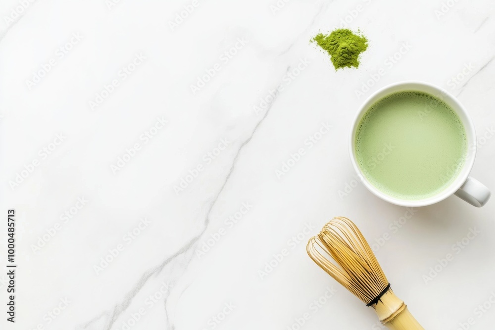 Matcha tea cup and a bamboo whisk on a white marble background, top view Matcha tea cup and a bamboo whisk on a white marble background, top view