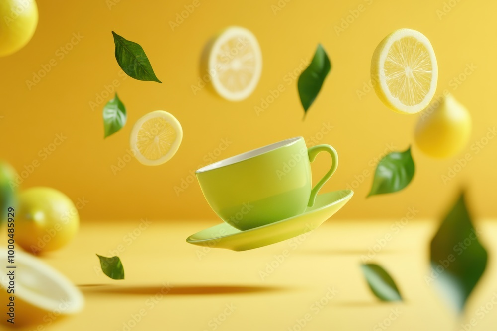Tea cup floating with lemon and tea leaves on a bright yellow background Tea cup floating with lemon and tea leaves on a bright yellow background