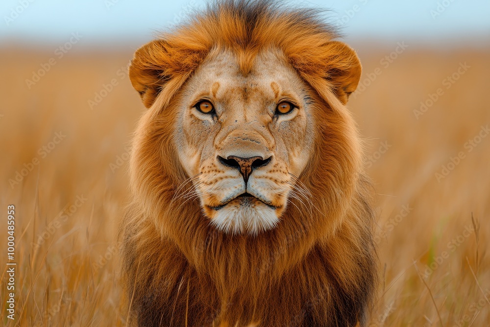 Majestic male lion with a lush mane standing in a golden savannah, gazing intently at the camera. Majestic male lion with a lush mane standing in a golden savannah, gazing intently at the camera.
