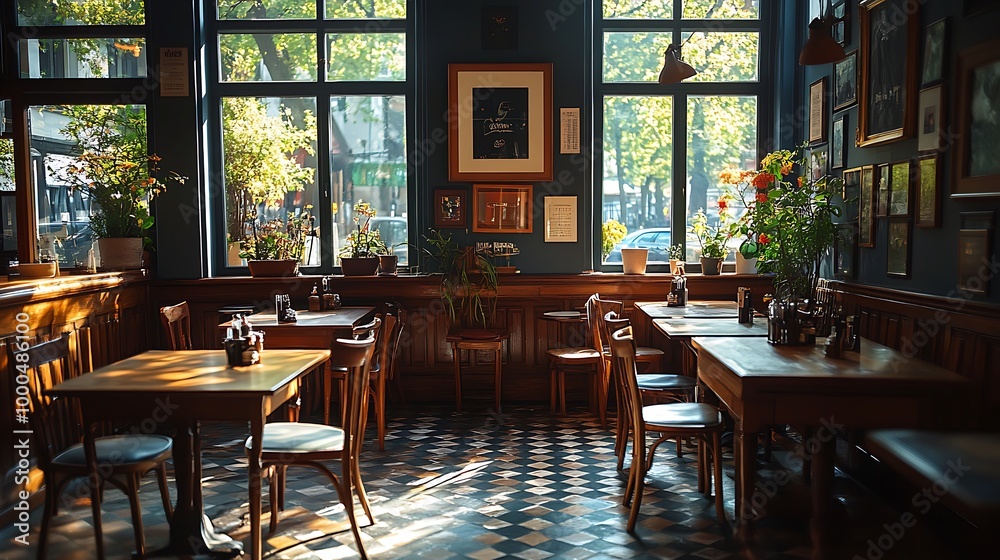 Empty restaurant interior with wooden tables and chairs, framed artwork, large windows, and checkered floor Empty restaurant interior with wooden tables and chairs, framed artwork, large windows, and checkered floor