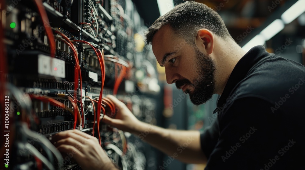 A network engineer configuring network devices in a server room, ensuring connectivity. A network engineer configuring network devices in a server room, ensuring connectivity.
