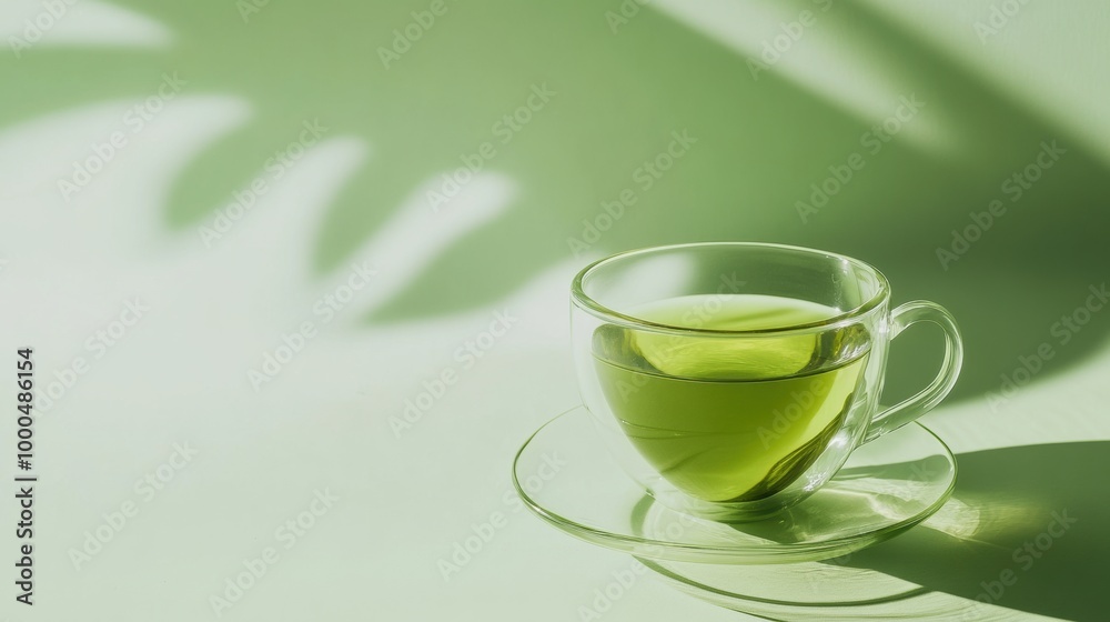 Cup glass green tea on light green background Cup glass green tea on light green background