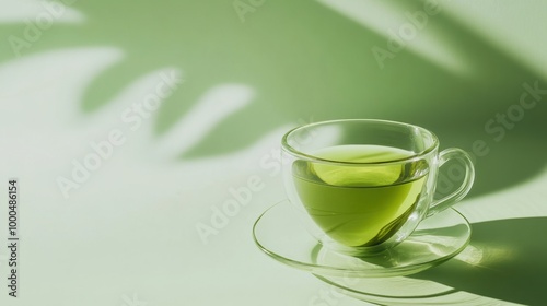 Cup glass green tea on light green background