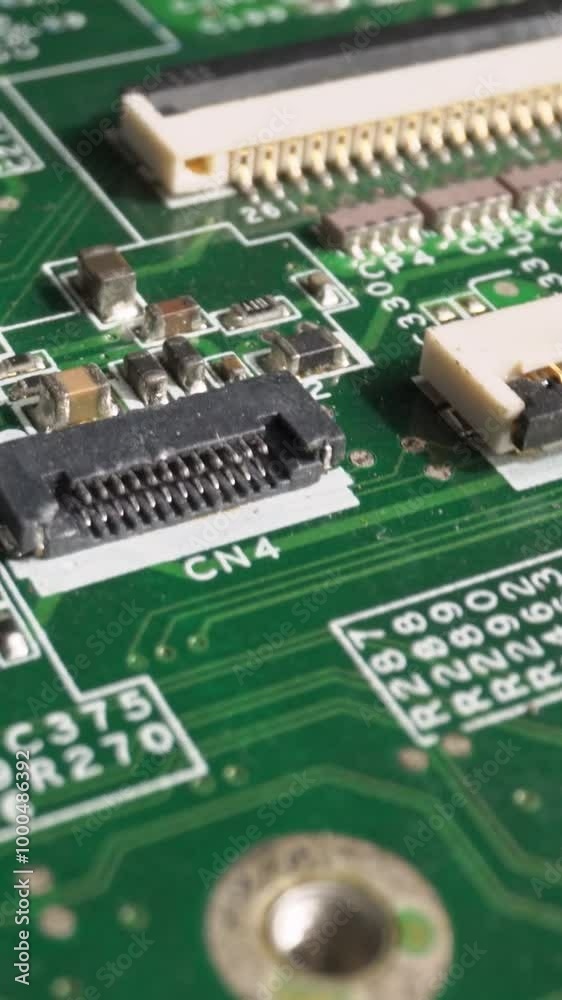 Extreme close-up of green Printed Circuit Board Electronics inside smartphone shot with dolly slider. Extreme close-up of green Printed Circuit Board Electronics inside smartphone shot with dolly slider.