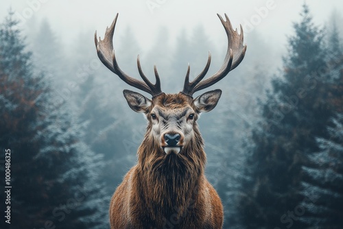Majestic stag with large antlers standing in a misty forest, exuding a sense of tranquility and natural beauty.