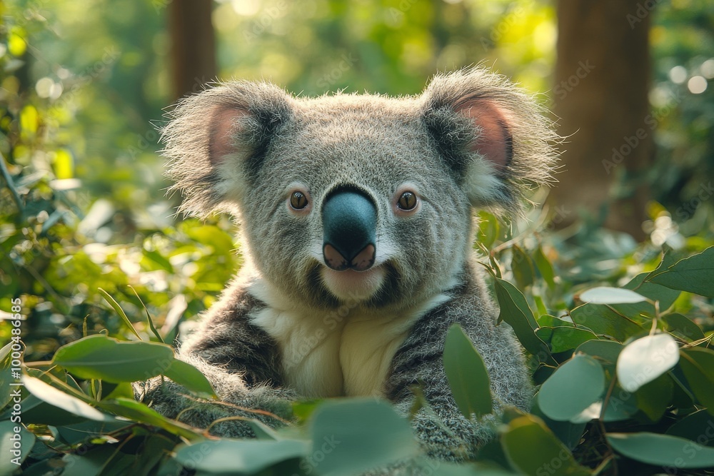 Obraz premium Close-up of a koala surrounded by lush green eucalyptus leaves in a forest setting.