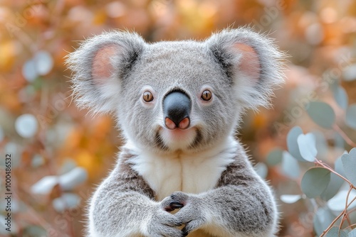 A cute koala with big ears and fluffy fur poses in front of a blurred, autumnal background.