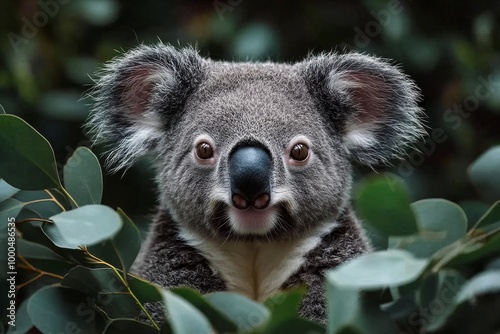 Close-up of a curious koala surrounded by lush green eucalyptus leaves.