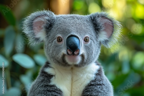 Close-up of a cute koala bear with a curious expression, surrounded by lush green foliage.