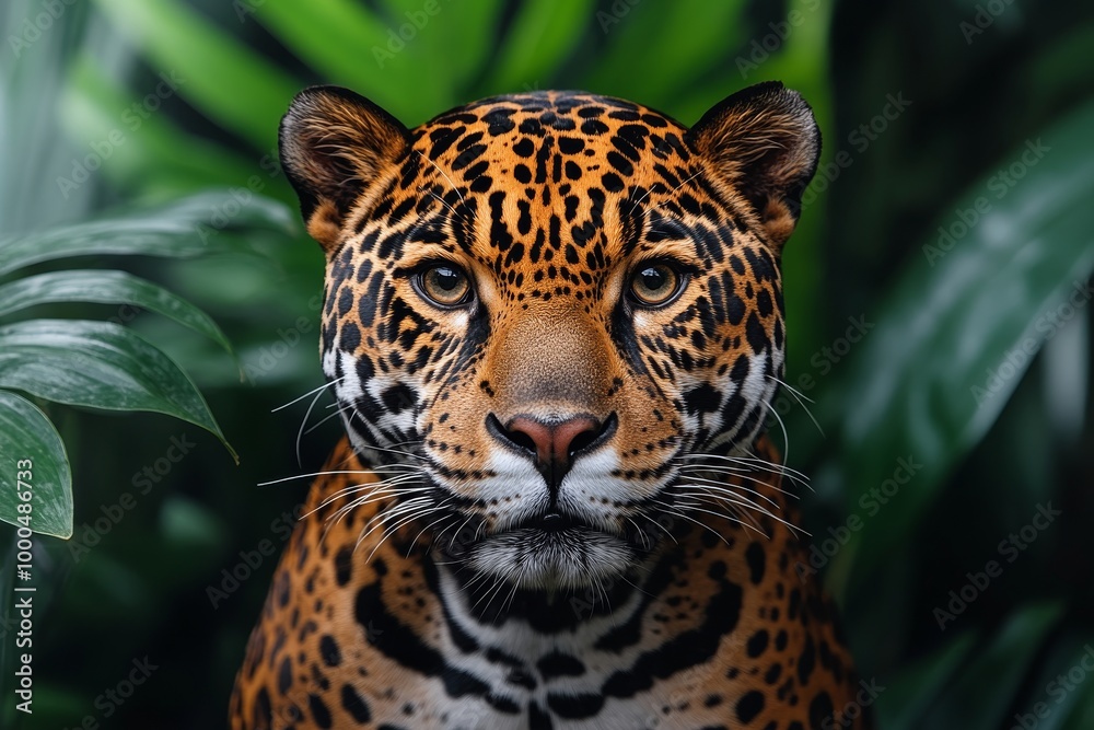Close-up portrait of a majestic jaguar with intense gaze amidst lush green foliage.