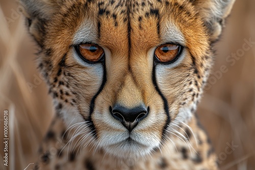 Close-up of an intense cheetah's face with sharp eyes in a natural, grassland background.