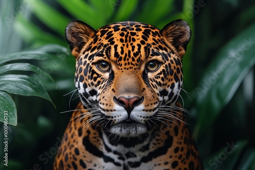 Close-up portrait of a majestic jaguar with intense gaze amidst lush green foliage.