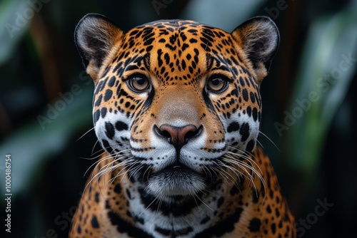 Close-up portrait of a majestic jaguar with a striking spotted coat and intense gaze.