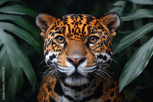 Close-up of a majestic jaguar surrounded by lush tropical foliage.