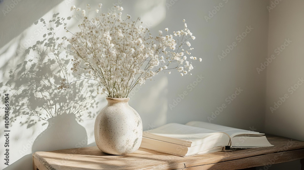 Minimalist vase with flowers and open book
Minimalist vase with flowers and open book