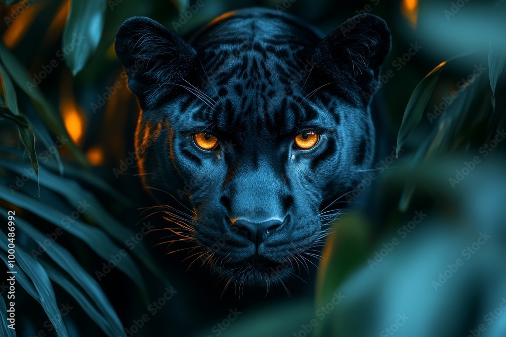Majestic black panther with piercing yellow eyes among lush green foliage. Majestic black panther with piercing yellow eyes among lush green foliage.